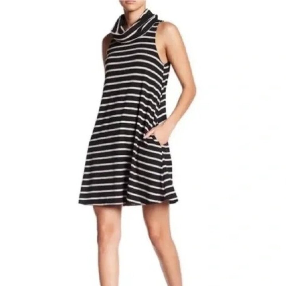 Socialite Cowl Neck Sleeveless Swing Dress Black, Cream Stripes Size M